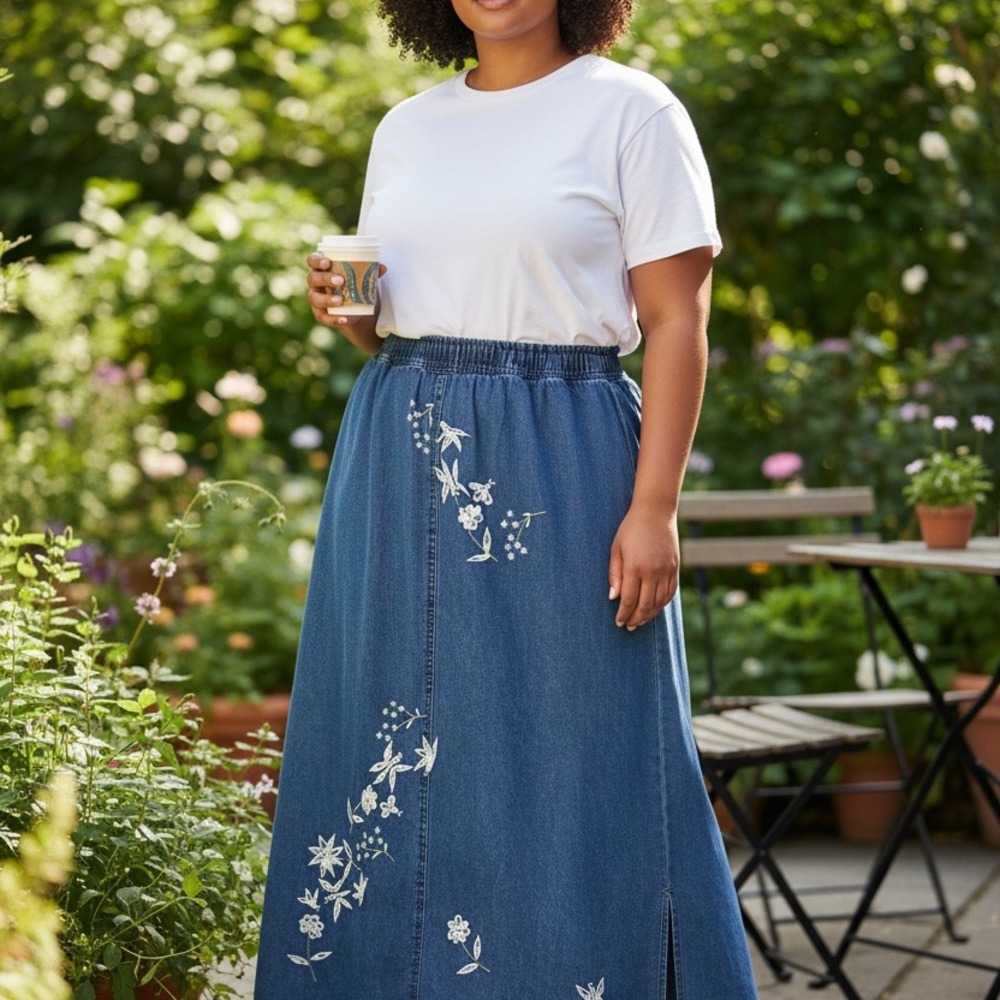 VINTAGE Floral Embroidered Denim Skirt
